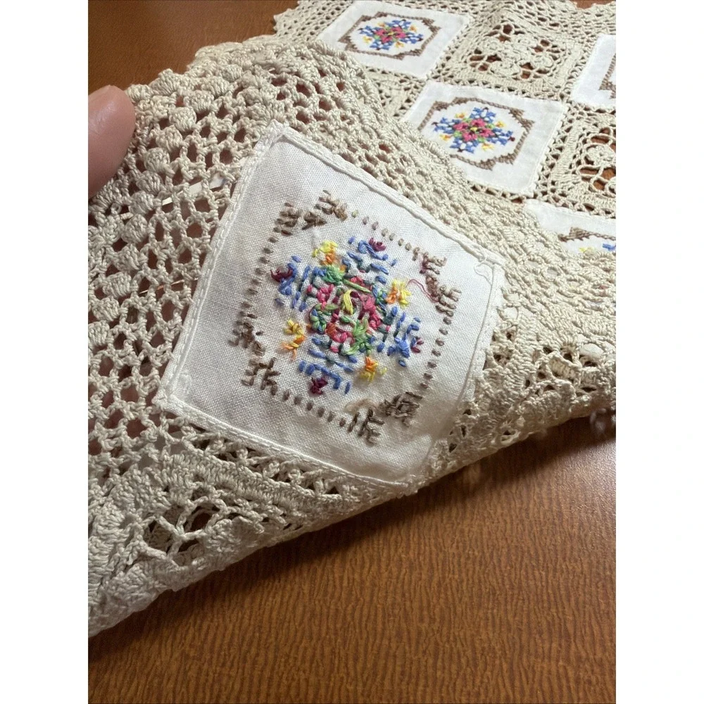 Vtg Hand Cross Stitch Embroidery Crochet Lace Patch Cotton Beige Topper 12x17